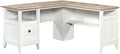 Pemberly Row L-Shaped Engineered Wood Computer Desk Glacier White Finish File Drawer Grommet Holes Cord Management Lower Shelf Modern Farmhouse Home Office Desk