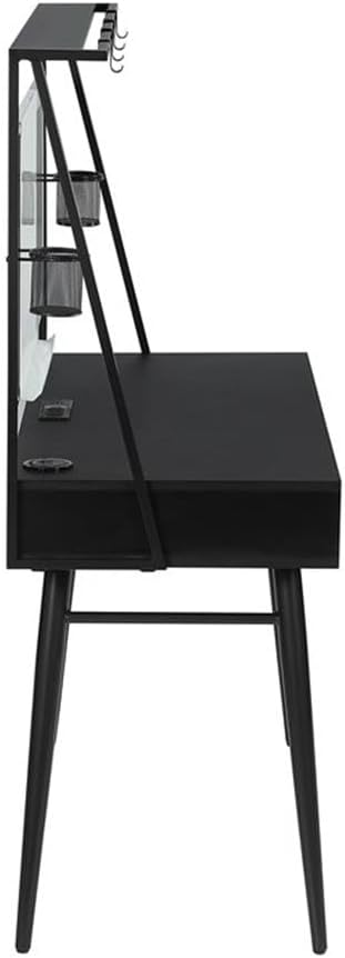 Pemberly Row Wood Writing Desk 57.5 H x 46.5 W x 20.5 D Black and Gunmetal Finish USB Ports Wireless Charger Whiteboard Modern Space-Saving Design Multifunctional Home Office Desk with