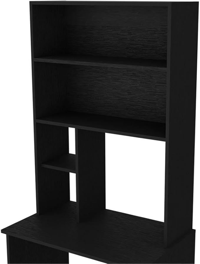Pemberly Row Modern Computer Desk with Hutch Engineered Wood Black Finish 24.8 W x 17.8 D Surface 29.9 H Legroom Footrest 2 Drawers 2 Shelves Space-Saving Home Office Desk