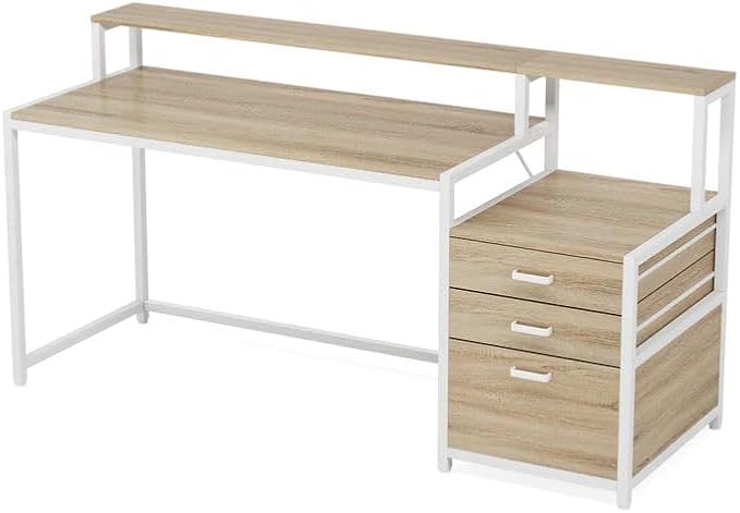 55 L Shaped Office Desk with Drawers &amp Storage Reversible Executive Office Desk with 4 Shelves Large Corner Computer Desk with Elevated Monitor Stand for Home Office Gaming (Natural + White)