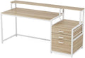 55 L Shaped Office Desk with Drawers &amp Storage Reversible Executive Office Desk with 4 Shelves Large Corner Computer Desk with Elevated Monitor Stand for Home Office Gaming (Natural + White)