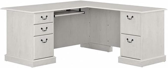 Pemberly Row L Shaped Computer Desk 66W x 72D x 30H Linen White Finish Built-in Storage with File Drawers Retractable Keyboard Tray Traditional Style Home Office Workspace