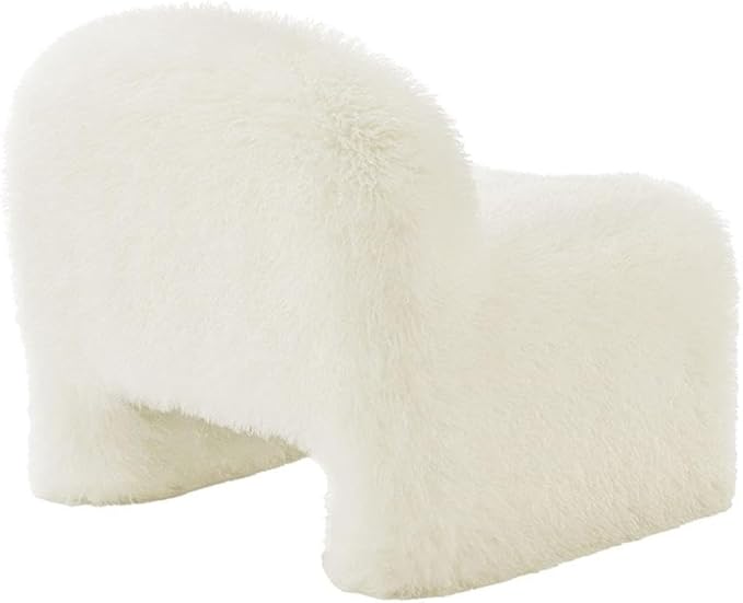 MAKLAINE Contemporary Faux Fur Upholstered Accent Chair White Rounded Backrest Low Profile Armless Design Sled Base with Non-Marking Foot Caps Modern Living Room or Bedroom Seating Fully