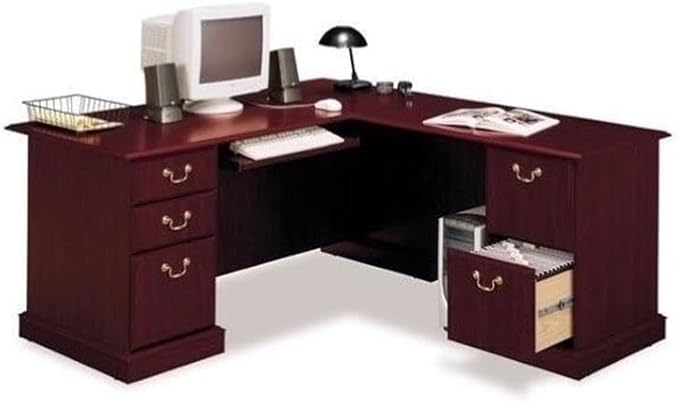 Pemberly Row L-Shape Executive Office Computer Desk 66 in x 71.2 in Harvest Cherry Finish Manufactured Wood Double Pedestal Base with Storage Keyboard Shelf File Drawers Home Office Desk
