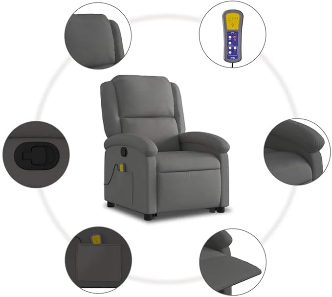 vidaXL Gray Real Leather Power Lift Massage Recliner - Electric Motor Stand-Up Armchair Manual Tilt Vibration Massage Foam Padded