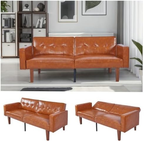 Adjustable Backrest Convertable Sofa Modern PU Leather 2-Seat Futon Sofa Convertible Faux Leather Sleeper Couch with Armrests Couch for Living Room Home Office Spaces