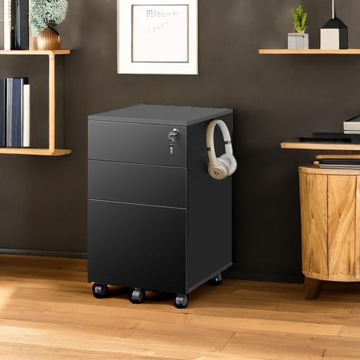 DEVAISE 3 Drawer File Cabinet with Lock Small Rolling Filing Cabinet Under Desk Wood Office Drawers Fits Letter/Legal/A4 Size Folders Black