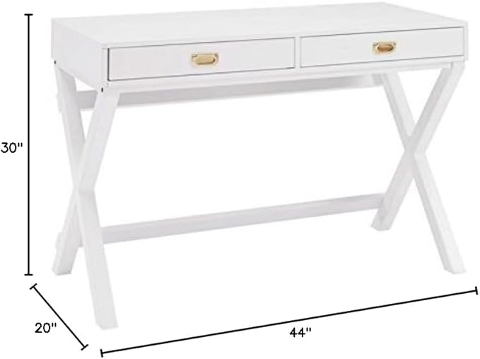 Riverbay Furniture Campaign Style Writing Desk 44 in x 20 in x 30 in White Finish Rose Gold Hardware 2 Drawers X-Framed Legs Sturdy Home Office Desk for Work and Study