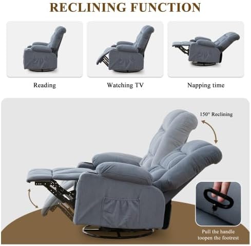 Oversized Recliner Chair for Adults w/ 8-Point 3D Kneading Massage and Lumbar Heating Swivel Rocker Recliner w/USB Charge Port for Living Room Ergonomic Lazy Boy Single Sofa Chair (Blue)