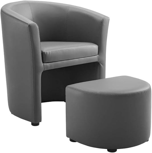 Pemberly Row Modern Faux Leather Armchair and Ottoman Gray Finish Foam Padded Upholstery Wooden Frame Self-Storage Tuck Away Ottoman 30 H x 22 W x 28 D Living Room or Lounge Seating