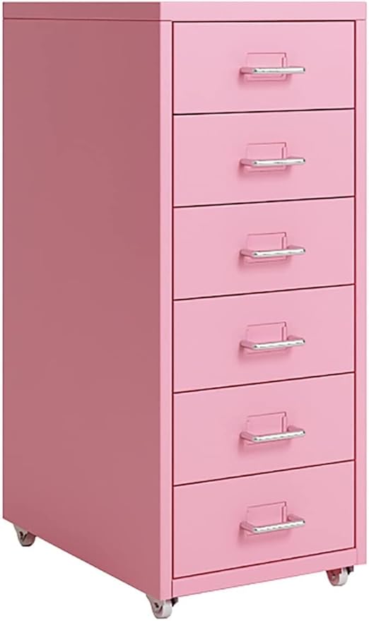 6-Drawer File Cabinet Metal Mobile File Cabinet with Wheels Filing Cabinet Under Desk for Home/Office (Color:Pink)
