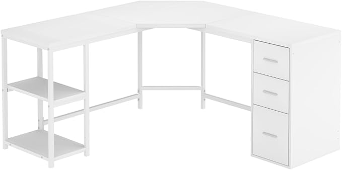 HSH White L Shaped Desk with Drawers Reversible Modern L Shaped Corner Computer Desk with Storage Cabinet Shelves Large Wooden L-Shape Home Office Desk Table for Work Study Writing Gaming 60 Inch