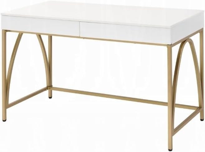 Maykoosh Modern Home Office Desk - White Gloss Top &amp Gold Metal Legs