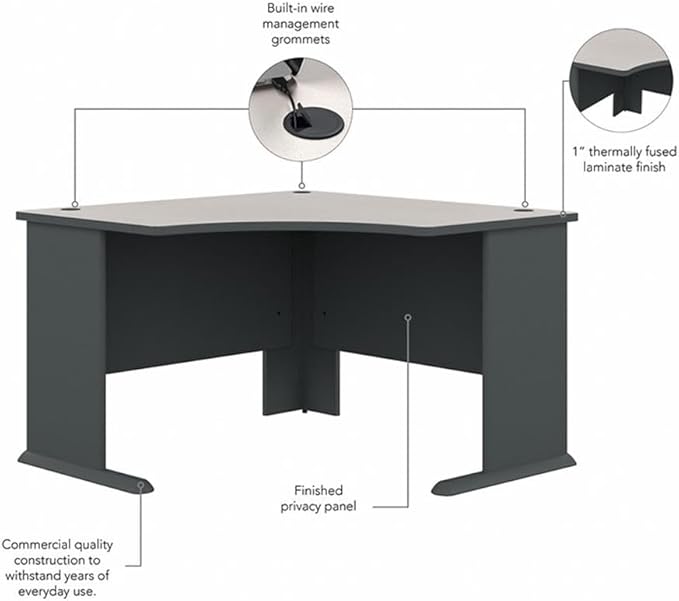 BOWERY HILL 48 Engineered Wood Corner Desk Slate Gray and White Finish Scratch-Resistant Laminate Surface Curved Work Area Built-in Wire Management Transitional Office Desk for Small Spaces
