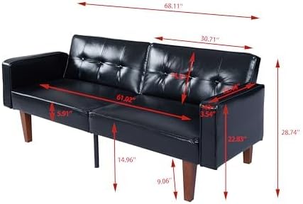 Adjustable Backrest Convertable Sofa Modern PU Leather 2-Seat Futon Sofa Convertible Faux Leather Sleeper Couch with Armrests Couch for Living Room Home Office Spaces Black