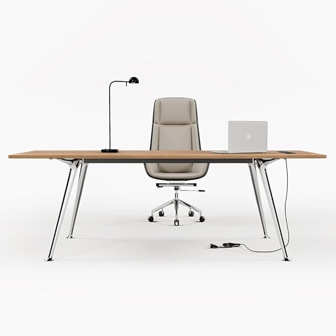 Writing Computer Desk 60-Inch Large Executive Desk Office Workstation with Chrome-Plated Legs and Built-in Power Outlet Writing Table Business Furniture Modern Minimalist Style for Home Office