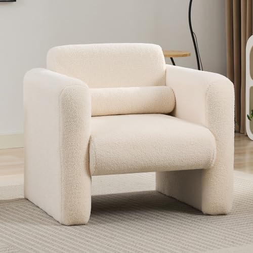 Modern Accent Chair Lambskin Sherpa Fabric Upholstered Comfy Reading Arm Chair Soft Padded Armchair with Back and Pillow for Living Room Bedroom Reception Waiting Room Office Cream