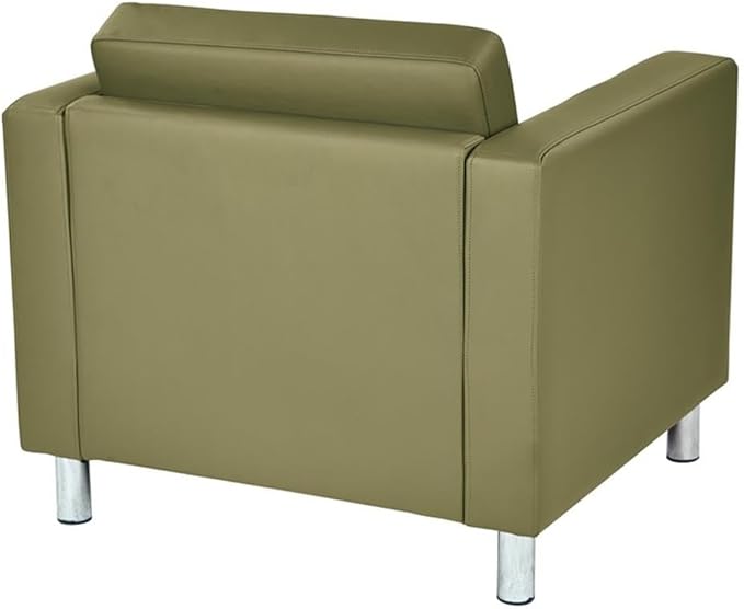 Pemberly Row Modern Armchair Green Vinyl Fabric 32 W x 30.5 D x 29.5 H Cushioned Box Spring Seat Silver Metal Legs Faux Leather Upholstery Contemporary Style Guest Chair for Living Room or