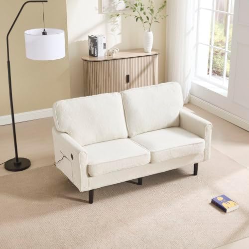 56 W Loveseat Modern 2 Seater Sofa with USB Charging &amp Storage Pocket Small Couch for Living Room Apartment Dorm Office (Beige)