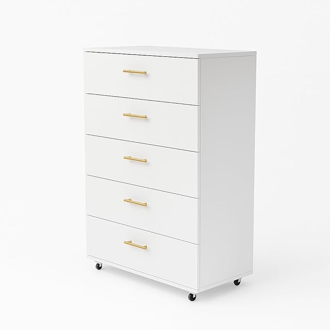 Vertical File Cabinet 5 Drawer Mobile File Cabinet Under Desk Wooden Filing Cabinet Storage Organization Filing Cabinet with Wheels for Home Office (Z-White)