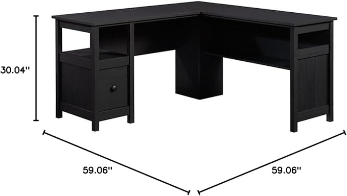 Pemberly Row L-Shaped Engineered Wood Computer Desk Raven Oak Finish 59 in Width File Drawer Cord Management Lower Shelf Finished Sides Home Office Desk for Organization and Storage