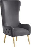 Meridian Furniture 536Grey Alexander Collection Modern | Contemporary Velvet Upholstered Accent Chair with Sturdy Gold Metal Legs and Deep Button Tufting on Back 27 W x 33 D x 51 H