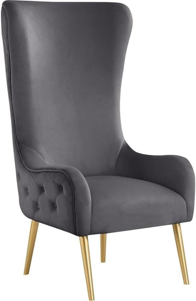 Meridian Furniture 536Grey Alexander Collection Modern | Contemporary Velvet Upholstered Accent Chair with Sturdy Gold Metal Legs and Deep Button Tufting on Back 27 W x 33 D x 51 H