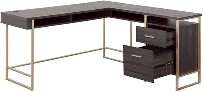 Pemberly Row L-Shaped Engineered Wood Desk Blade Walnut and Champagne Gold Finish 60 in Wide Work Surface Cord Management and Storage Drawers Modern Home Office Desk for Organizing Files