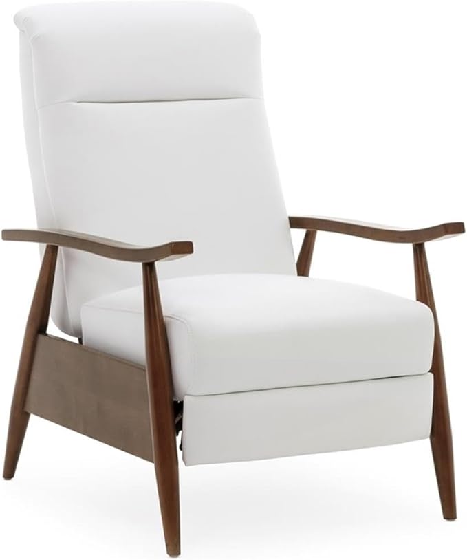 Pemberly Row Push Back Recliner Chair Faux Leather Upholstery Wooden Arms Milky White Finish Modern Reclining Living Room Chair 42.5 Hx30 Wx34 D