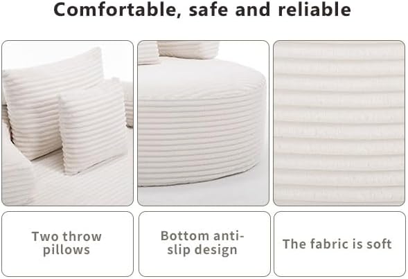 55 White Oversized Round Boneless Couch Sofa Velvet Memory Foam Cloud Couches Lounge Chair Comfy Fluffy Single Sofa with 3 Pillows for Living Room Bedroom No Assembly Required (White .)