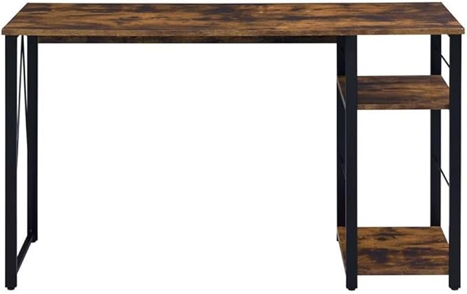 Bowery Hill Wooden Top Writing Desk 47W x 19D x 28H Weathered Oak and Black Finish Particle Board and Metal 2 Open Shelves Reverse V-Shaped Support Rustic Industrial Style Home Office Desk