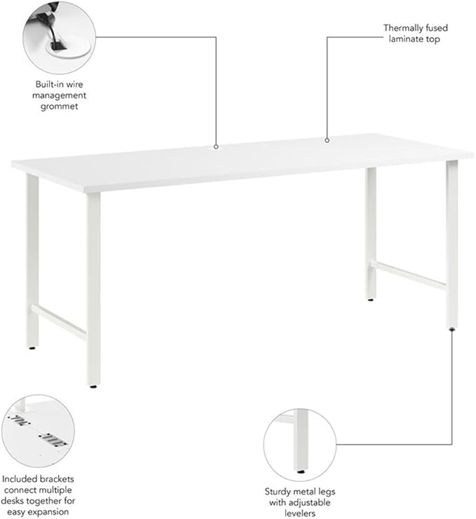 Bush Business Furniture Hustle 72W x 30D Computer Desk with Metal Legs in White Modular Office Table for Home and Professional Workspace