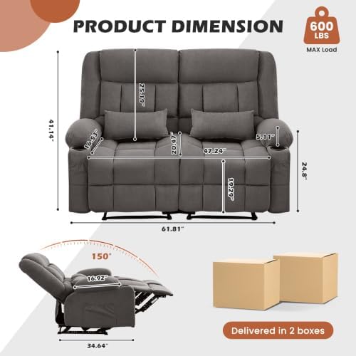 Recliner Loveseat Sofa with Cup Holders 2-Seater Fabric Reclining Couch Manual Recliner Chairs Wall Hugger for Living Room Small Spaces Home Theater RV Love Seats (Gray -2 Seats)