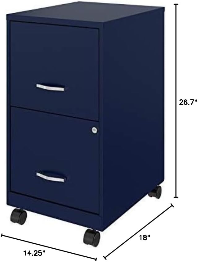 Pemberly Row 18 2-Drawer Mobile Metal Filing Cabinet Navy Finish Painted Steel Lockable High-Side Drawers Smooth Glide Wheels Compact Vertical Design for Home or Office Organization