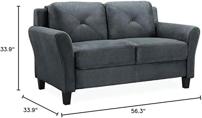Hawthorne Collections Rolled Arm Microfiber Loveseat Dark Gray Upholstery Solid Wood Frame Button Tufted Back 56.3 in Wide Comfortable Sofa for Living Room or Small Spaces