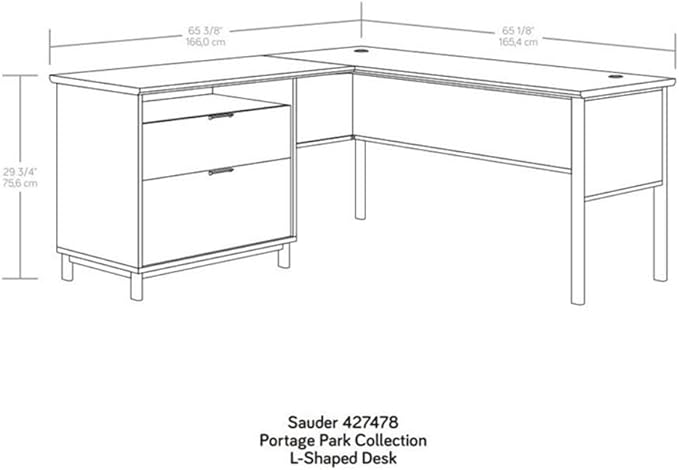 Pemberly Row L-Shape Desk 65 in x 65 in x 30 in Engineered Wood &amp Metal Kiln Acacia Brown Finish 2 Drawers with File Storage Open Shelf Cord Management Modern Home Office Desk