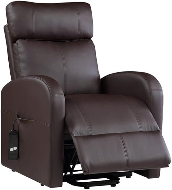 BOWERY HILL Power Lift Recliner 28 W x 37 D x 40 H Brown PU Upholstery Horizontal Tufted Back Contrast Stitching Wired Controller Metal Lift Base Contemporary Style Living Room Chair