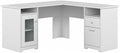 Pemberly Row 60 L Shaped Wood Computer Desk White Finish Transitional Style with Storage Cabinet Drawers Fluted Glass Door Wire Management Durable Home Office Desk for Multiple Monitors