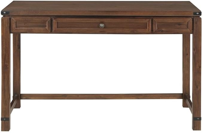 Pemberly Row Sit-to-Stand Lift Desk Brushed Walnut Brown Finish Solid Wood and Veneer 48 W x 24 D x 30.25 H Adjustable Height Classic Wire Brushed Texture Full Post Construction Home Office