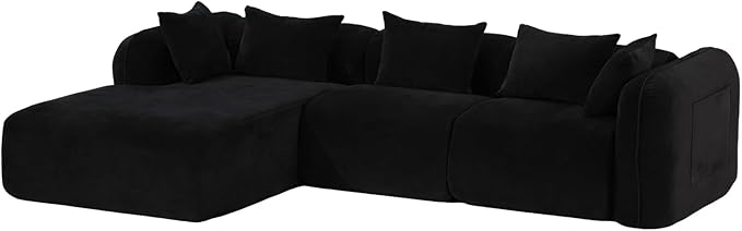 117’’ Chenille Fabric Boneless Couches for Living RoomModular Sectional Cloud Sofa |Fluffy Chenille Deep Seat No-Assembly Memory Foam Comfy Cloud Couch with L-Shaped Chaise (Black)