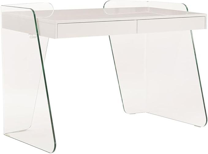 Pemberly Row Modern Engineered Wood Office Desk 47 W x 23 D x 31 H High Gloss White 2 Soft-Close Drawers Clear Glass Detail Contemporary Home Office Desk for Workspace Organization
