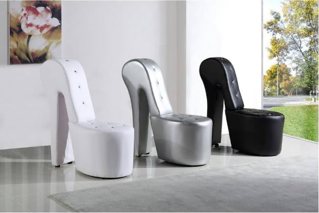 First of a Kind 19 Modern Shoe Chair - Crystal Studded Faux Leather High Heel Chair with Medium Firm Comfort - Luxurious Decor Addition for Bedroom Living Room &amp Studio (White)