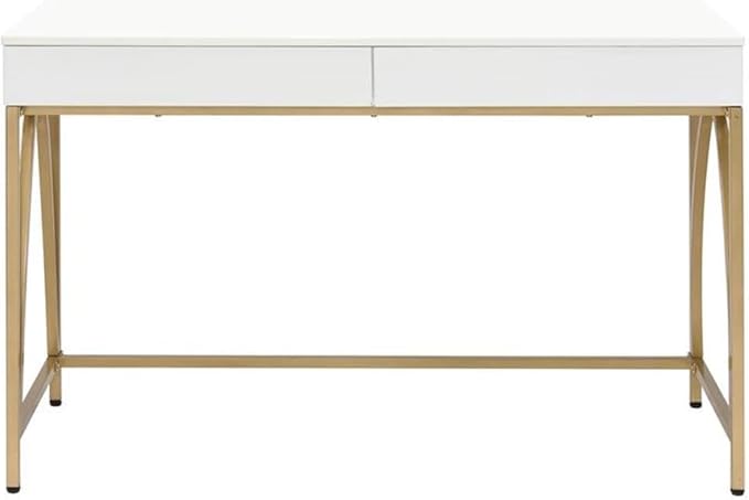 Pemberly Row Lightmane Wooden Top Writing Desk 50 W x 30 D x 31 H White High Gloss Finish with Gold Metal Legs 2 Storage Drawers Rectangular Computer Desk for Home Office