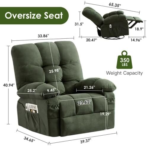 Oversized Recliner Chair for Adults w/ 8-Point 3D Kneading Massage and Lumbar Heating Swivel Rocker Recliner w/USB Charge Port for Living Room Ergonomic Lazy Boy Single Sofa Chair (Green)