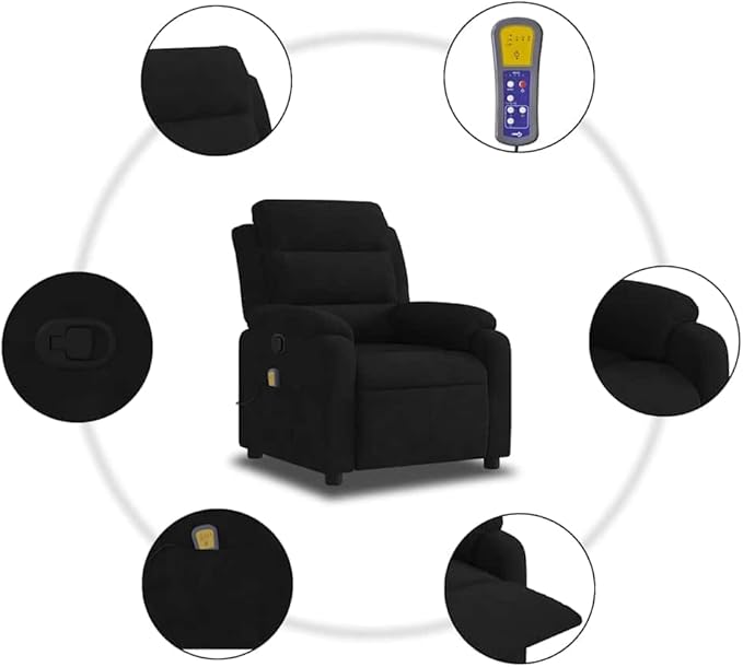 vidaXL Black Velvet Massage Recliner Chair with Adjustable Recline and 6 Point Function for Living Room Home Theater Relaxation Reclining TV Comfort Armchair