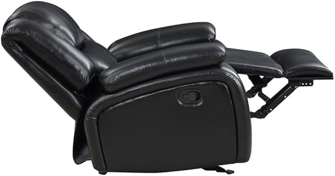 Pemberly Row Faux Leather Upholstered Glider Recliner Chair Black Manual Recline 38 H x 37.75 W x 38.25 D Plush Foam Cushions Padded Arms Wall Hugger Living Room or Den Seating