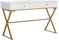 Pemberly Row Modern Metal Desk 47.5 W x 19.5 D x 29.25 H White MDF Top Brass Finish Legs 2 Drawers Sleek Home Office Desk for Bedroom or Living Room Workspace Assembly Required