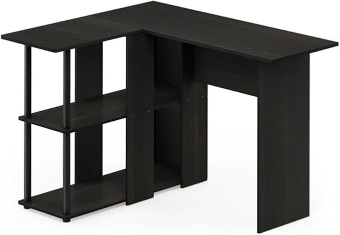 Pemberly Row L-Shape Engineered Wood Desk with Bookshelf Espresso/Black Finish 41.14 in W x 34.45 in D x 28.94 in H 2 Shelves Sturdy Modern Design for Home Office or Workspace