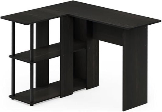 Pemberly Row L-Shape Engineered Wood Desk with Bookshelf Espresso/Black Finish 41.14 in W x 34.45 in D x 28.94 in H 2 Shelves Sturdy Modern Design for Home Office or Workspace