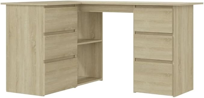 L-Shaped Writing Desk Corner Computer Desk with Drawer and Shelves 57.1in Study Table Workstation for Home Office Multipurpose PC Laptop Table Work Table Office Desk (Brown)